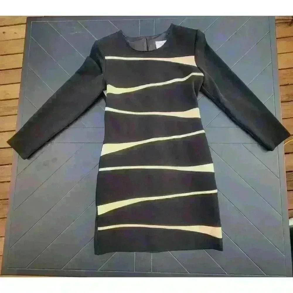 Joseph Ribkoff Black Bodycon Knit Dress Gold Diagonal Blocking Size 8 Vintage - Picture 2 of 10